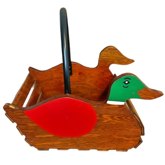 Vtg Handmade Wood Slat Duck Basket w/ Handle Nursery Decor Cabin Mancave Rustic* - Picture 1 of 5